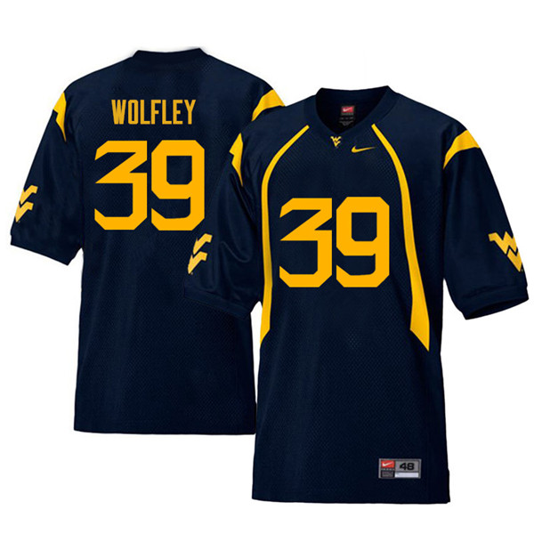 Men #39 Maverick Wolfley West Virginia Mountaineers Retro College Football Jerseys Sale-Navy